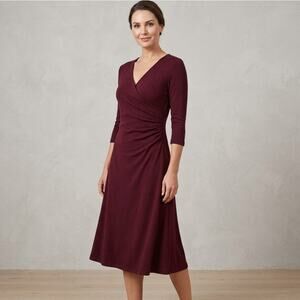 OGL Midi Dress Surplice Eco Mousse Three Quarter Sleeve Maroon Size Small NEW